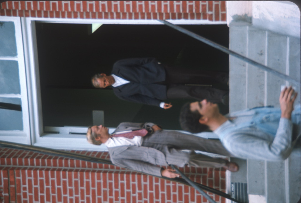 Actors Don Dubbins (Harley Davis) and Malcolm Atterury (Silas Newhall) exiting the courthouse from the trial scene.