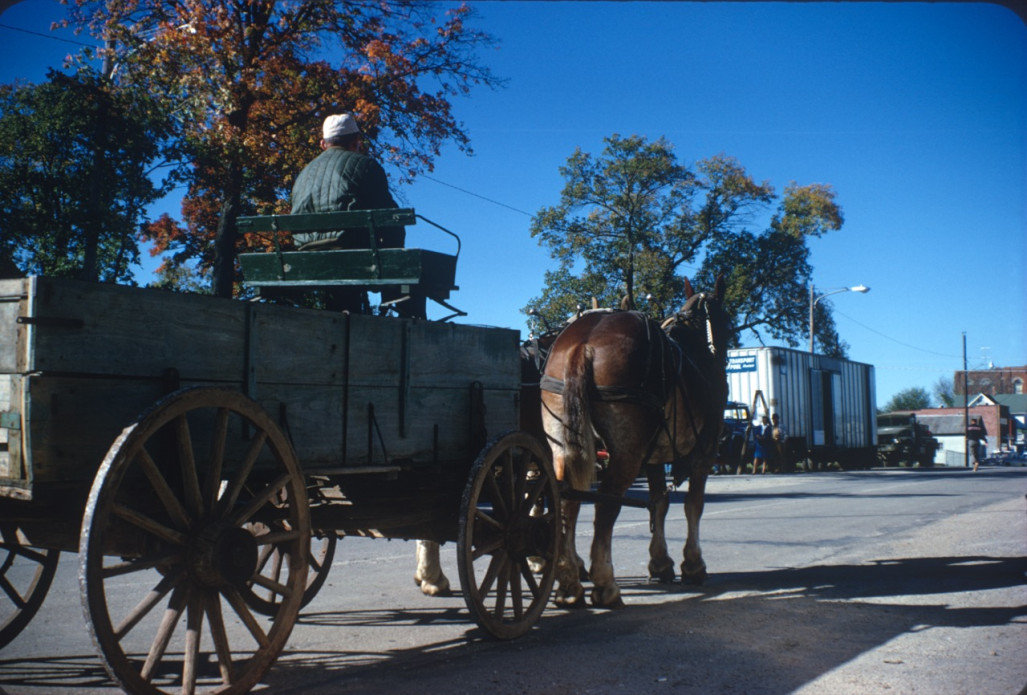 Horse and wagon going down the street in downtown Fort Scott, Kansas.